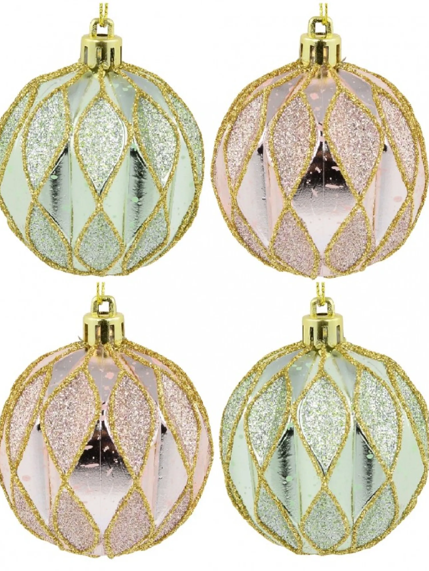 Christmas Warehouse Light Pink & Green Geometric Shiny & Glittered Christmas Baubles - 6 X 60Mm> Bauble Packs