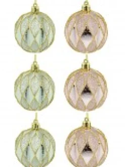 Christmas Warehouse Light Pink & Green Geometric Shiny & Glittered Christmas Baubles - 6 X 60Mm> Bauble Packs