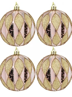 Christmas Warehouse Light Pink Christmas Baubles With Gold Geometric Textured Pattern - 6 X 60M> Bauble Packs