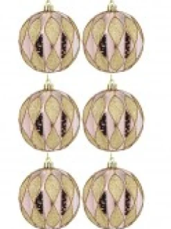 Christmas Warehouse Light Pink Christmas Baubles With Gold Geometric Textured Pattern - 6 X 60M> Bauble Packs