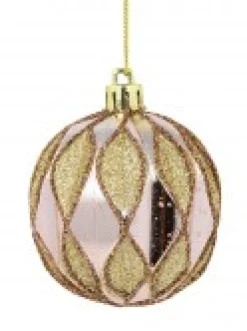 Christmas Warehouse Light Pink Christmas Baubles With Gold Geometric Textured Pattern - 6 X 60M><noscript><img width=