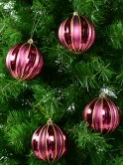 Christmas Warehouse Matte & Shiny Burgundy Baubles With Antique Finish & Glitter Lines - 4 X 10Cm><noscript><img width=