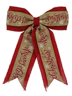 Christmas Warehouse Merry Christmas On Natural & Red Hessian Christmas Bow Decoration - 35Cm> Christmas Bows