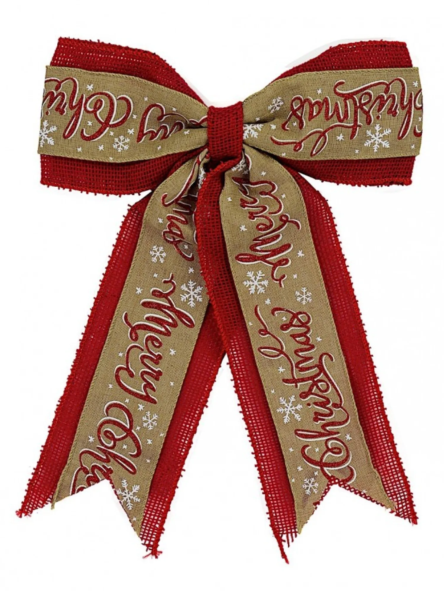 Christmas Warehouse Merry Christmas On Natural & Red Hessian Christmas Bow Decoration - 35Cm> Christmas Bows