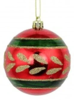 Christmas Warehouse Metallic Red Christmas Baubles With Gold Glitter & Green Patterns - 4 X 80Mm> Bauble Packs