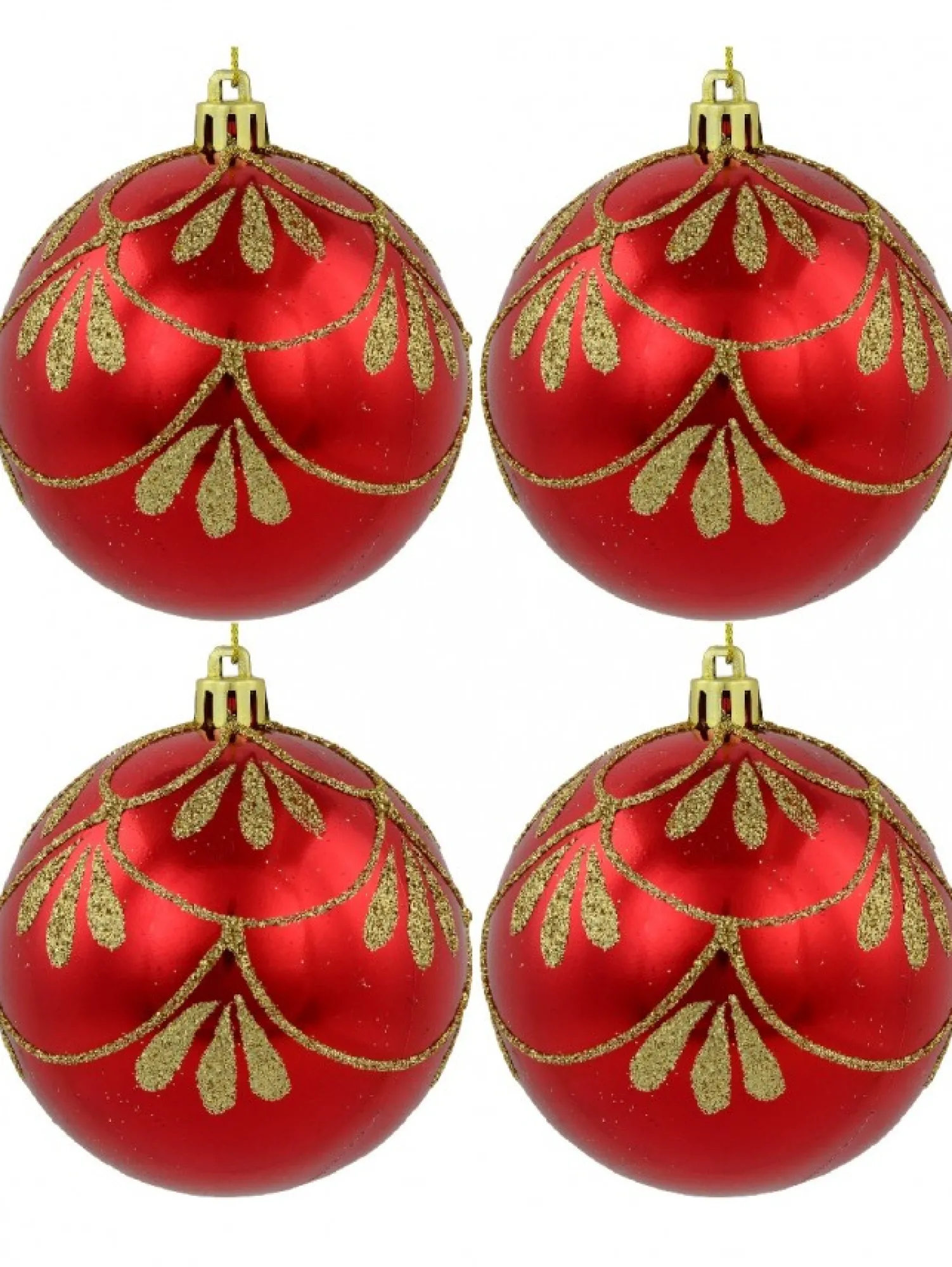Christmas Warehouse Metallic Red Christmas Baubles With Gold Glitter Ornate Design - 4 X 80Mm> Bauble Packs