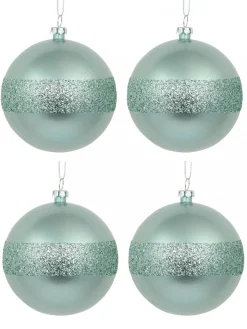 Christmas Warehouse Mint Pearl Green Christmas Baubles With Laser Glitter Band - 4 X 80Mm> Bauble Packs