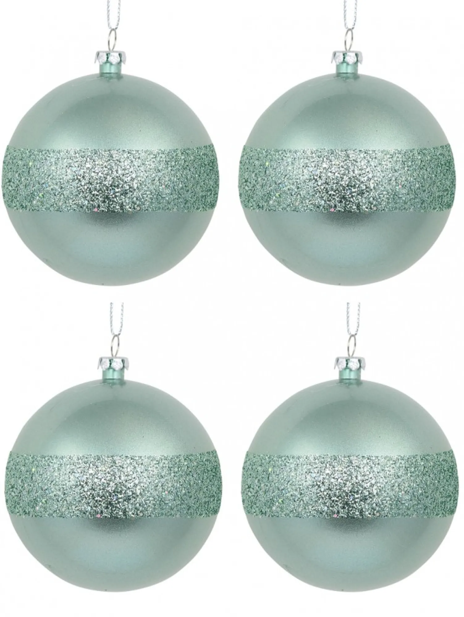 Christmas Warehouse Mint Pearl Green Christmas Baubles With Laser Glitter Band - 4 X 80Mm> Bauble Packs