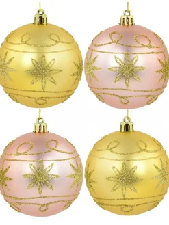 Christmas Warehouse Pink & Gold Christmas Baubles With Gold Glitter Stars & Swirls - 4 X 80Mm> Bauble Packs