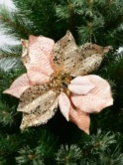 Christmas Warehouse Pink & Gold Two Petal Style Poinsettia Decorative Christmas Flower Pick - 28Cm><noscript><img width=