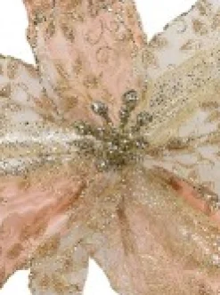 Christmas Warehouse Pink Glittered Mesh & Fabric Leaf Poinsettia Christmas Flower Pick - 23Cm> Christmas Picks