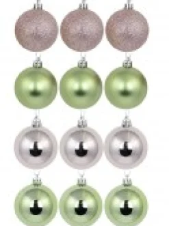 Christmas Warehouse Pink Metallic & Glittered With Mint Green Metallic & Matte Baubles - 12 X 60Mm> Bauble Packs
