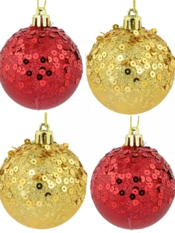 Christmas Warehouse Red & Gold Crackle Effect Christmas Baubles With Sequins Design - 6 X 60Mm> Bauble Packs