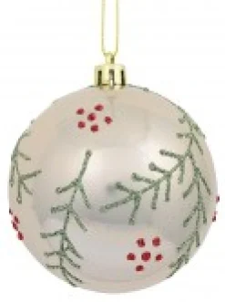 Christmas Warehouse Red & Pearl Christmas Baubles With Glitter Leaves & Dots Pattern - 4 X 80Mm> Bauble Packs