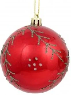 Christmas Warehouse Red & Pearl Christmas Baubles With Glitter Leaves & Dots Pattern - 4 X 80Mm><noscript><img width=