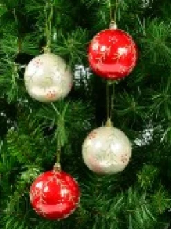 Christmas Warehouse Red & Pearl Christmas Baubles With Glitter Leaves & Dots Pattern - 4 X 80Mm><noscript><img width=