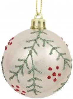Christmas Warehouse Red & Pearl Christmas Baubles With Glittered Leaves & Dots Pattern - 6 X 60Mm><noscript><img width=