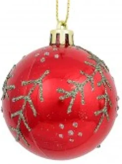 Christmas Warehouse Red & Pearl Christmas Baubles With Glittered Leaves & Dots Pattern - 6 X 60Mm><noscript><img width=