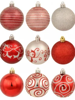 Christmas Warehouse Red & Silver Christmas Baubles With 4 Glitter Designs & Shiny - 9 X 60Mm> Bauble Packs