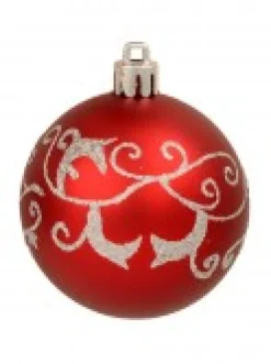 Christmas Warehouse Red & Silver Christmas Baubles With 4 Glitter Designs & Shiny - 9 X 60Mm><noscript><img width=