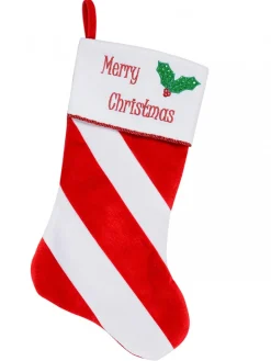 Christmas Warehouse Red & White Stripe With Font & Holly Applique Velvet Christmas Stocking - 48Cm> Christmas Stockings