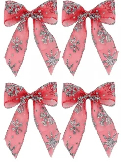 Christmas Warehouse Red Christmas Tree Bow Decorations With Silver Glitter Snowflakes - 6 X 12Cm> Christmas Bows