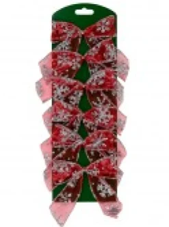 Christmas Warehouse Red Christmas Tree Bow Decorations With Silver Glitter Snowflakes - 6 X 12Cm><noscript><img width=