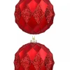Christmas Warehouse Red Diamond Pattern Textured Large Christmas Baubles With Glitter - 2 X 15Cm> Bauble Packs