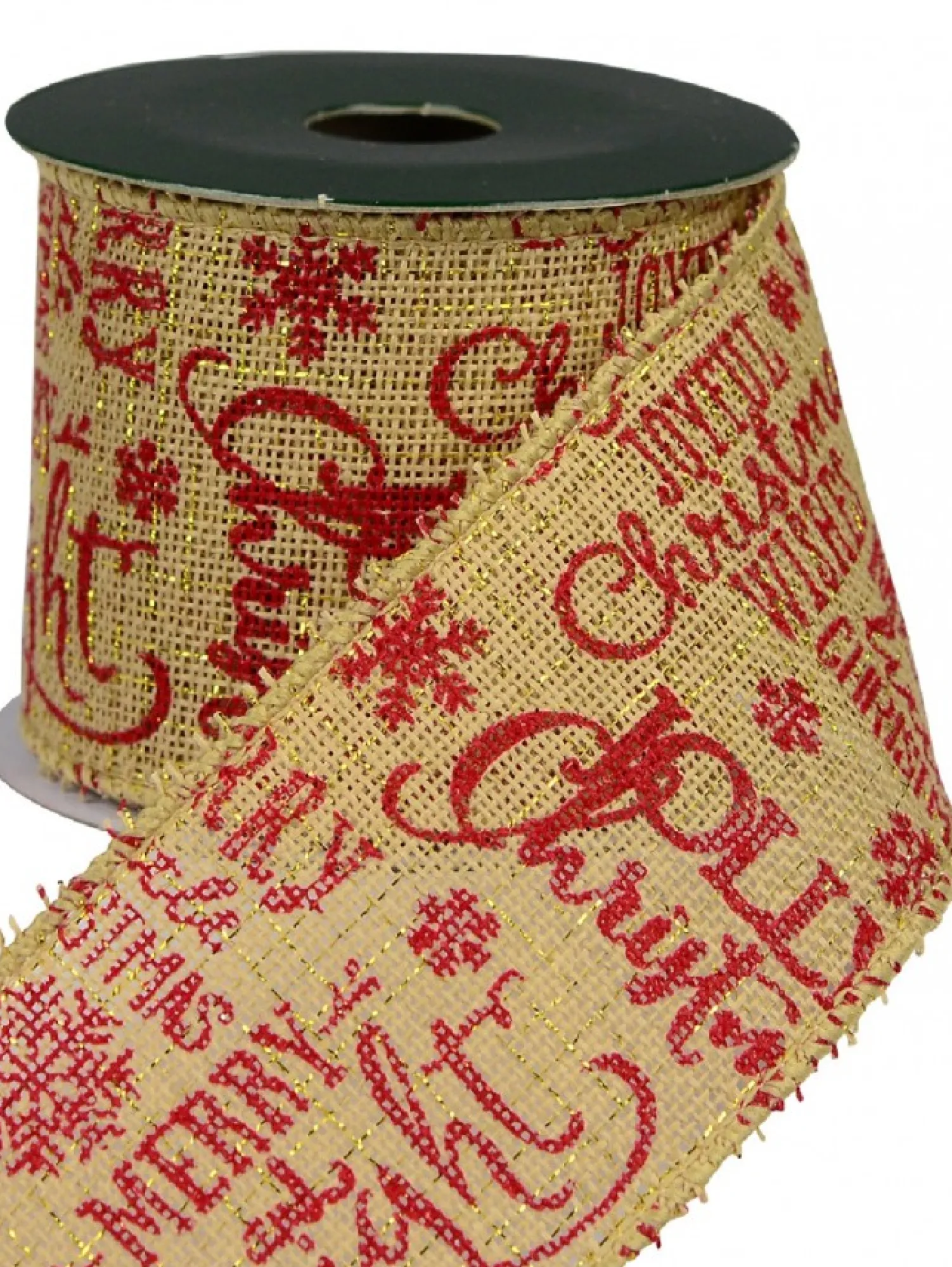 Christmas Warehouse Red Font On Natural Burlap Look Fabric & Edging Christmas Ribbon - 3M> Christmas Ribbon