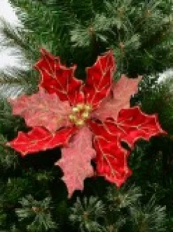 Christmas Warehouse Red Glitter Felt Two Petal Style Poinsettia Christmas Flower Pick - 28Cm> Christmas Picks