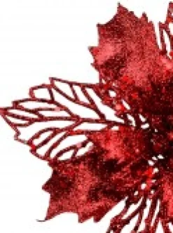Christmas Warehouse Red Glitter Petal & Leaf Poinsettia Decorative Christmas Flower Pick - 18Cm> Christmas Picks