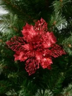 Christmas Warehouse Red Glitter Petal & Leaf Poinsettia Decorative Christmas Flower Pick - 18Cm><noscript><img width=
