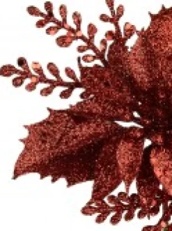 Christmas Warehouse Red Glitter Poinsettia & Holly Leaf Decorative Christmas Flower Pick - 15Cm><noscript><img width=