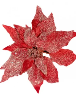 Christmas Warehouse Red Glittered Velvet Poinsettia Decorative Christmas Flower Pick - 28Cm> Christmas Picks