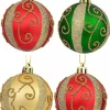 Christmas Warehouse Red, Green & Gold Baubles With Gold Filigree Pattern & Thick Stripe - 6 X 60Mm> Bauble Packs