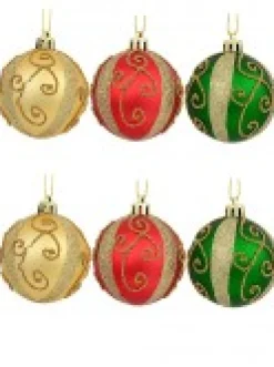 Christmas Warehouse Red, Green & Gold Baubles With Gold Filigree Pattern & Thick Stripe - 6 X 60Mm> Bauble Packs