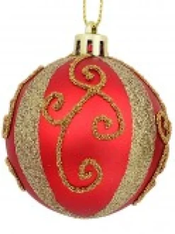 Christmas Warehouse Red, Green & Gold Baubles With Gold Filigree Pattern & Thick Stripe - 6 X 60Mm><noscript><img width=