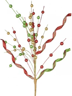 Christmas Warehouse Red, Green & Gold Glitter Balls & Curls Decorative Christmas Spray Stem - 72Cm> Christmas Stems