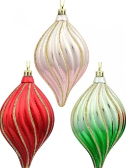 Christmas Warehouse Red, Green & Pink Gradated Onion Baubles With Gold Stripes - 3 X 14Cm> Bauble Packs