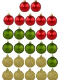 Christmas Warehouse Red Metallic, Green Matte & Glittered Gold Christmas Baubles - 27 X 60Mm> Bauble Packs
