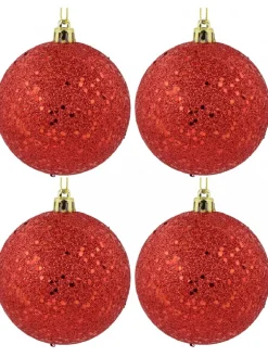Christmas Warehouse Red Metallic Sequins & Glitter Coated Christmas Bauble Decorations - 4 X 80Mm> Bauble Packs