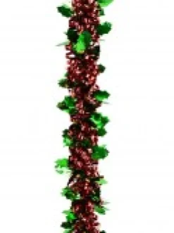 Christmas Warehouse Red Ribbon Look & Green Holly Leaf Christmas Tinsel Garland - 2.7M> Tinsel