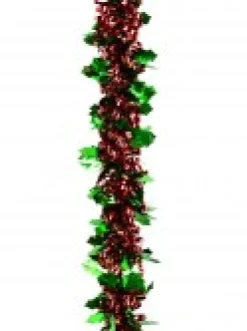 Christmas Warehouse Red Ribbon Look & Green Holly Leaf Christmas Tinsel Garland - 2.7M><noscript><img width=
