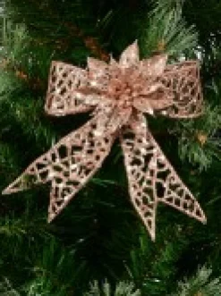 Christmas Warehouse Rose Gold Mesh Look Ribbon Bow & Poinsettia Christmas Decoration - 15Cm><noscript><img width=
