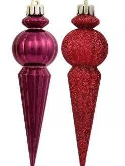 Christmas Warehouse Shiny Burgundy & Red Glitter Finial Christmas Hanging Decoration - 4 X 15Cm> Hanging Decorations - Packs