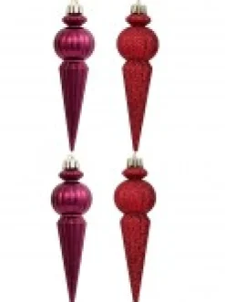 Christmas Warehouse Shiny Burgundy & Red Glitter Finial Christmas Hanging Decoration - 4 X 15Cm> Hanging Decorations - Packs