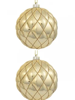 Christmas Warehouse Shiny Gold With Diamond Pattern Convex Textured Large Baubles - 2 X 15Cm> Bauble Packs
