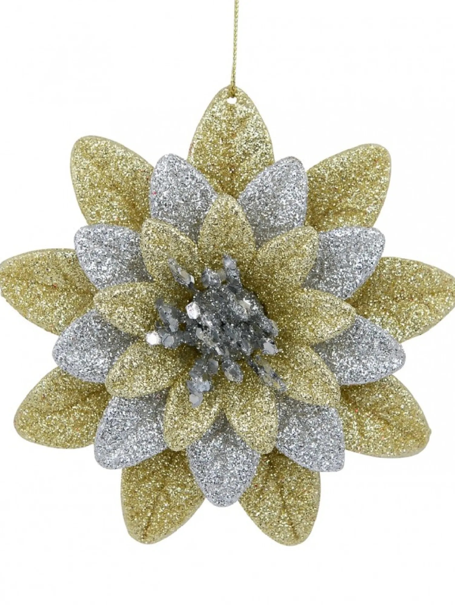 Christmas Warehouse Silver & Gold Glittered Lotus Flower Christmas Tree Hanging Decoration - 11Cm> Hanging Decorations - Individual