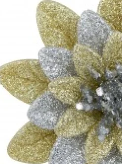 Christmas Warehouse Silver & Gold Glittered Lotus Flower Christmas Tree Hanging Decoration - 11Cm> Hanging Decorations - Individual