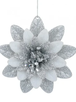 Christmas Warehouse Silver & White Glittered Lotus Flower Christmas Tree Hanging Decoration - 11Cm> Hanging Decorations - Individual
